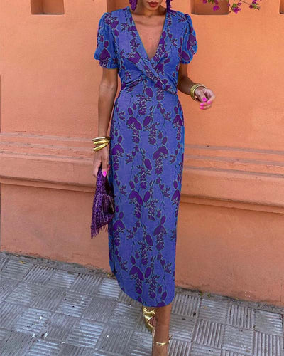 Aria™ - Chic Deep V-Neck Dress with Leaf Design