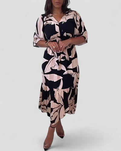 Kaya | Elegant V-Neck Dress with 3/4 Sleeves and Tie Detail