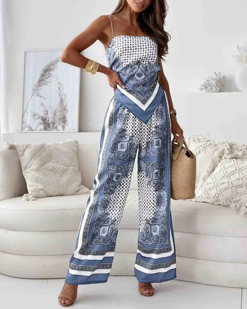 Alya | Elegant two-piece set with a waistcoat and printed trousers with ties