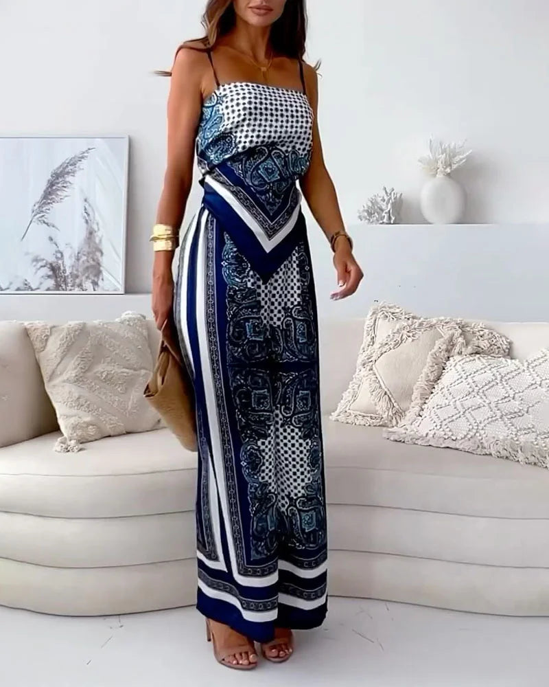 Alya | Elegant two-piece set with a waistcoat and printed trousers with ties