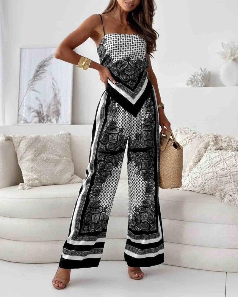 Alya | Elegant two-piece set with a waistcoat and printed trousers with ties