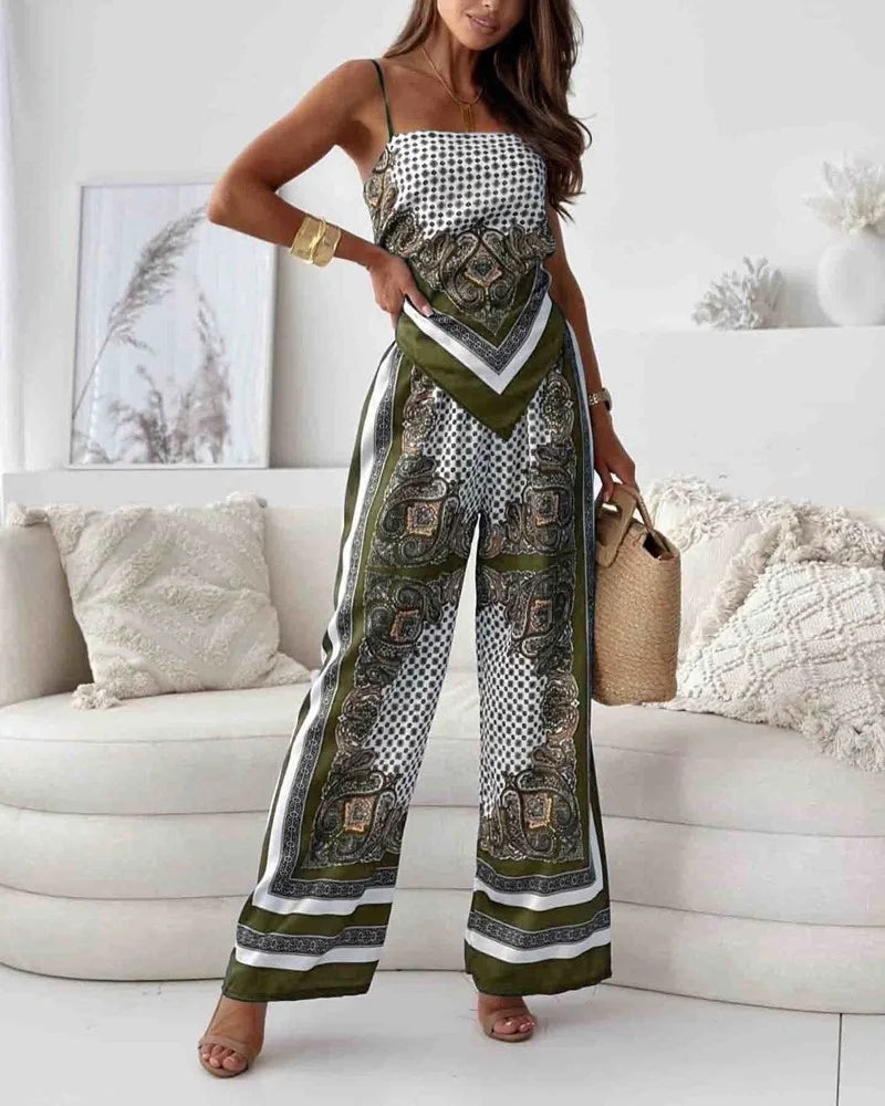 Alya | Elegant two-piece set with a waistcoat and printed trousers with ties