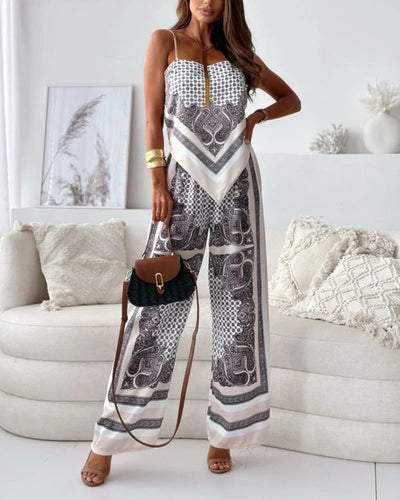 Alya | Elegant two-piece set with a waistcoat and printed trousers with ties